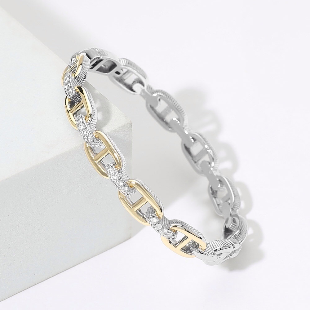 Two Tone Equestrian CZ Link Bangle Bracelet